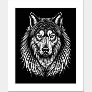 Alaskan Malamute Dog Portrait/Face White on Black Posters and Art